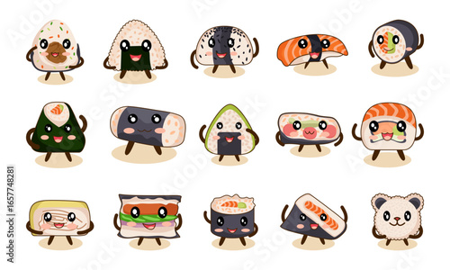 A Collection of Cute Cartoon Sushi and Onigiri Characters