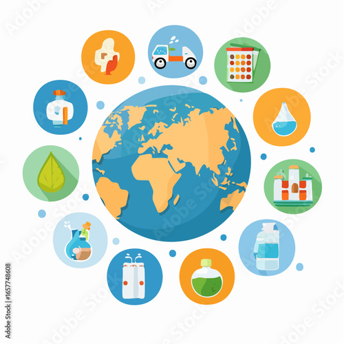 Global health vector icons set featuring vaccination, clean water, nutrition, and pandemic response in a clean flat design for medical, education, and humanitarian projects.
