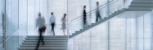 Abstract blurred motion of business people walking on a glass staircase in a modern office building, concept for human resources or a digital work environment.