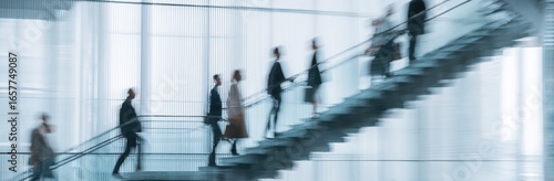 Abstract blurred motion of business people walking on a glass staircase in a modern office building, concept for human resources or a digital work environment.