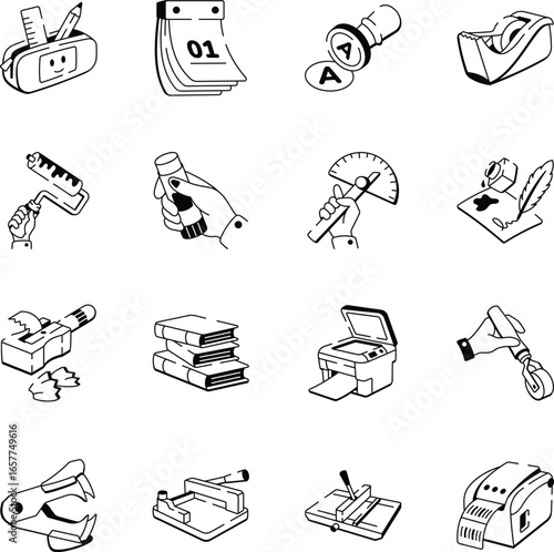 Collection of Stationery Doodle Style Icons 
