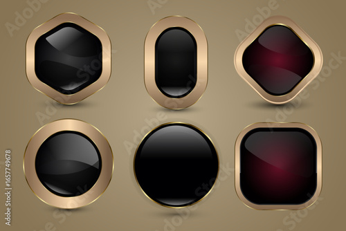 A collection of SIX premium different shapes buttons, Group of Luxury  buttons with Golden Frame Vector Illustration