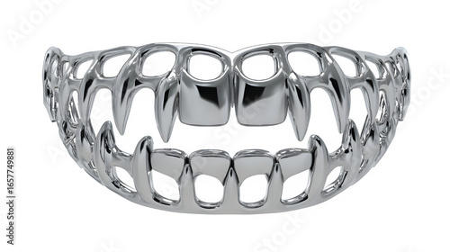 Bold silver vampire fangs grillz add edgy style to any look or fashion design isolated on white background 