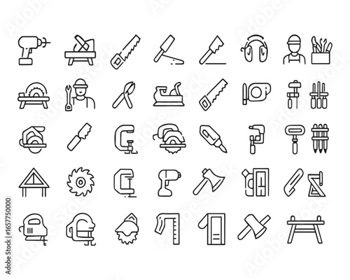 Set of outline icons related to carpentry. Linear icon collection