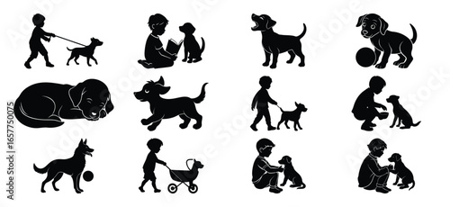 Puppies and kids silhouette vector collection—walking, reading, feeding, and playing poses isolated on white