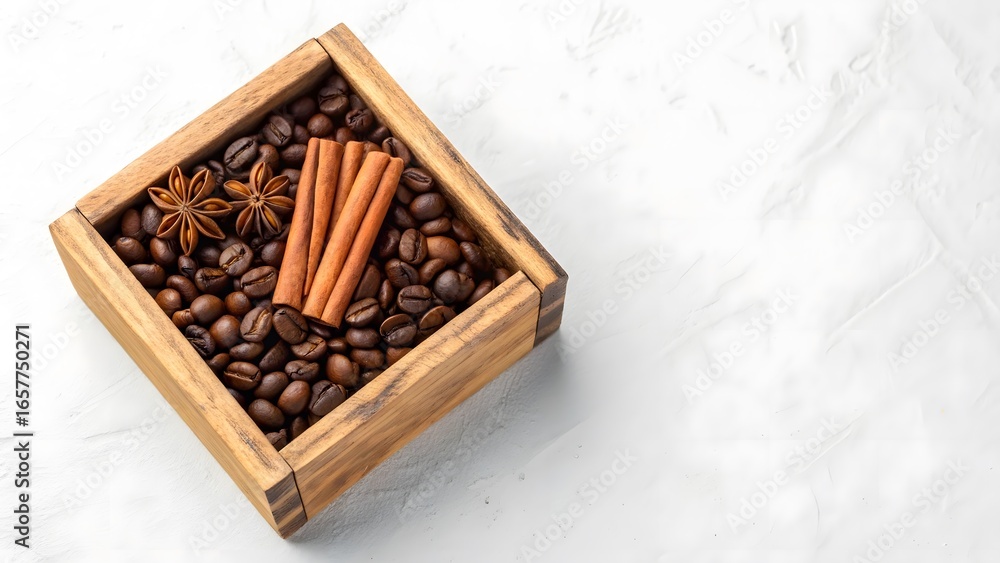 Rustic wooden box filled with aromatic coffee beans and cinnamon sticks Rustic wooden box filled with aromatic coffee beans and cinnamon sticks