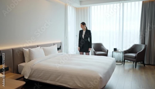 Professional Hotel Room Interior with Businesswoman in Elegant Modern Setting
