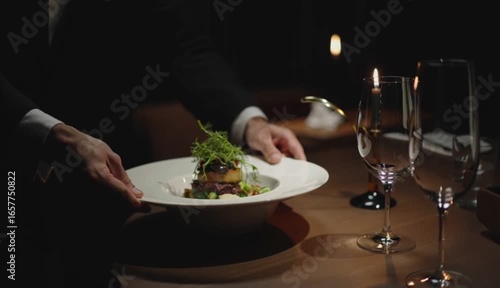 Elegant Dinner Presentation with Fine Cuisine in a Gourmet Restaurant Setting