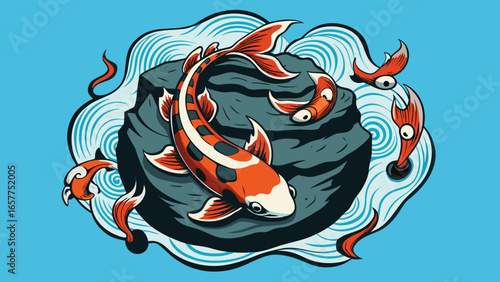 Vibrant illustration of koi fish swimming around rocks, showcasing dynamic colors and playful movement on a bright blue background.