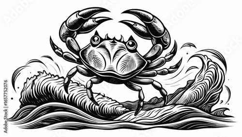 A detailed black and white illustration of a crab amidst crashing waves, showcasing its claws raised in defense.