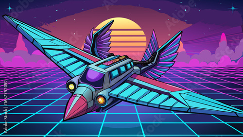 Futuristic blue and pink flying vehicle soaring against a vibrant retro sunset.