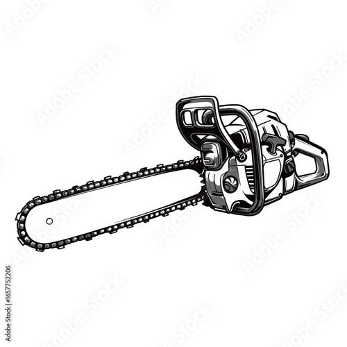 black and white silhouette of a chainsaw machine on a white background