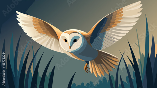A majestic barn owl glides through tall grasses at dusk, showcasing its striking wingspan and intricate feather details.