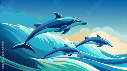 Three dolphins gracefully leaping out of vibrant blue waves under a stunning sky.