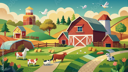 A vibrant cartoon-style farm scene with various animals, including cows, goats, and chickens basking in the sunny countryside.