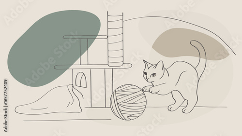A playful cat interacts with a yarn ball near a scratching post, showcasing a serene and minimalist design.