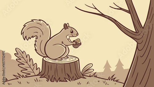 A cartoon-style gray squirrel nibbling on a nut while perched on a tree stump in a serene forest setting.