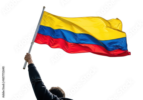 Colombian flag waving in air person holding pole isolated on transparent background
