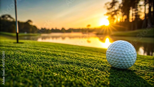 Golf ball on course near hole at sunset with lake view
