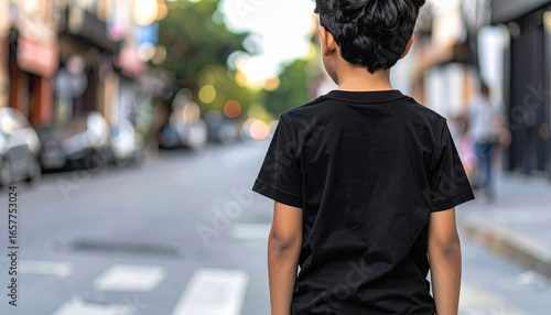 A young boy wearing a black t-shirt is walking away from the camera with shallow depth of field, captured in the warm evening light on a busy urban street.