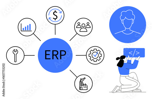 ERP system central hub connects six business processes analytics, finance, human resources, tools, operations, and automation. Developer coding element highlights system customization. Ideal