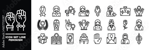 Feminism Icon Set Featuring Empowerment and Equality Symbols in Line Style.