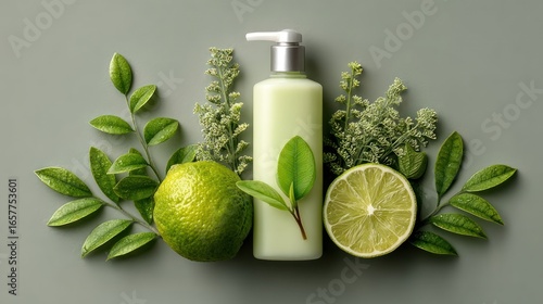 A light green bottle of lotion sits amongst fresh lime slices and vibrant greenery on a muted gray background, creating a serene and natural scene.