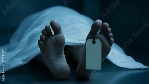 A corpse in the morgue. Close-up of the empty identification tag on the toe of the deceased, the body of a deceased person lying on a metal table in the morgue, covered with a white sheet. 