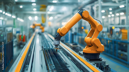 A yellow robotic arm working conveyor belt in a factory setting