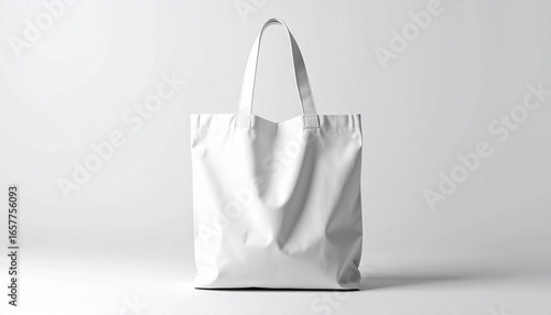 A blank white canvas tote bag is professionally captured in a high-key studio shot, emphasizing its simple fabric texture for branding mockup against a bright, seamless background.
