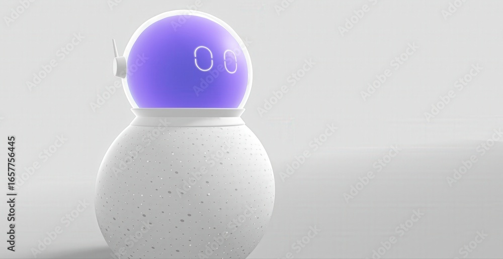 Obraz premium A futuristic robot with a glowing purple head and a spherical body 