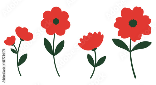 A group of red flowers with green stems and leaves on white background silhouette