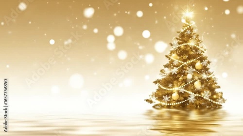 Golden Christmas tree reflected in water, snow falling