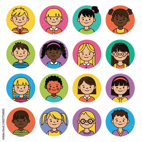 Diverse Group of Cartoon Children Portraits in Colorful Circles Representing Global Community and Childhood Education Illustration