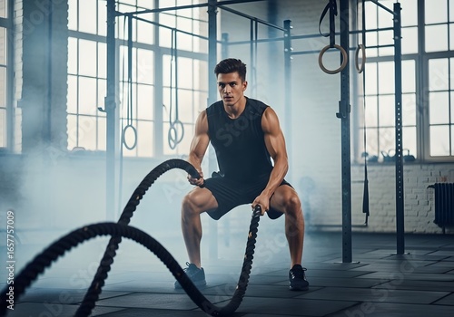 A young man exercising using a battle rope. Athletic man using ropes doing cross training exercise in modern gym