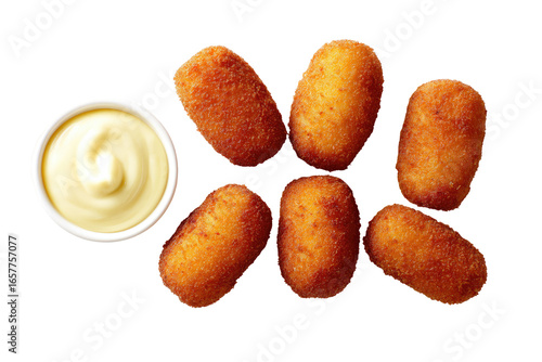 Crispy, golden-brown croquettes arranged around a small bowl of creamy dipping sauce