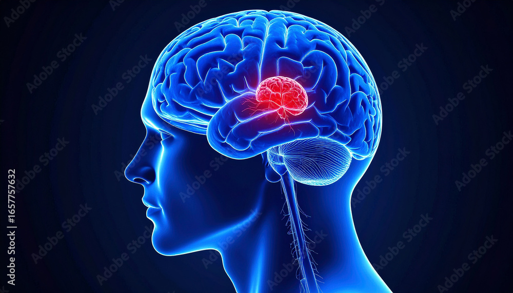 Obraz premium A serious 3d medical visualization illustrates a malignant brain tumor highlighted in red within the glowing blue silhouette of a human head profile against a dark background.