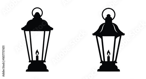 Black silhouettes of two vintage lanterns with candlelight inside on white background