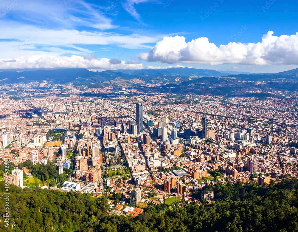 Fototapeta premium Expansive Aerial View of a Bustling Cityscape with Mountains and Blue Sky.