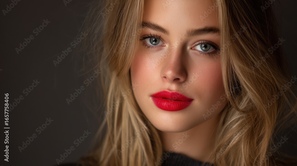 Fototapeta premium Close up portrait of young woman with long blonde hair and striking blue eyes. She has flawless complexion and bold red lips, exuding confidence and beauty. soft lighting enhances her features