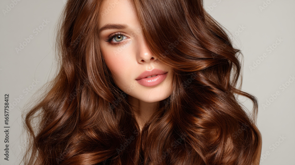 Obraz premium Beautiful model with long, wavy, chestnut hair and captivating green eyes, showcasing natural makeup look that enhances her features and radiates confidence and elegance