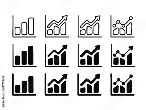 Set of hand drawn business graphs and charts illustrating growth and financial data analysis and forecasting for presentations and reports