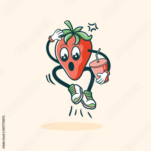 A Surprised Strawberry Character Jumps with a Drink