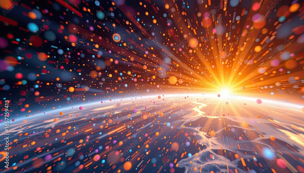 Obraz premium Vibrant Cosmic Explosion with Colorful Particles Surrounding Earth and Radiating Light