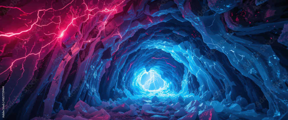 Obraz premium Illuminated ice cave exploration frozen depths digital art vibrant colors interior view fantasy concept