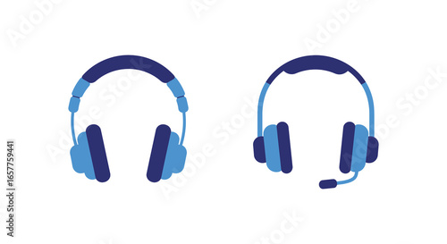 Two blue headsets with and without microphone on white background silhouette