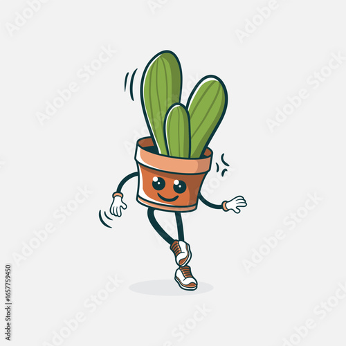 A Happy Cactus Plant Character Dancing in a Pot