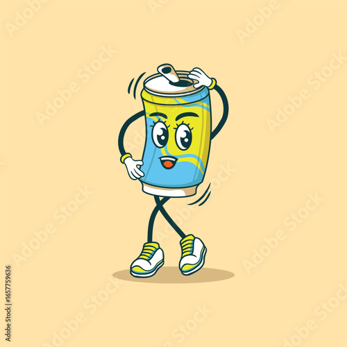 A cheerful soda can character dances playfully