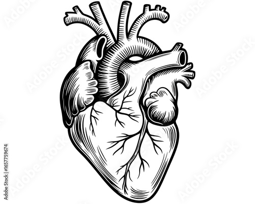 Detailed black and white anatomical heart illustration