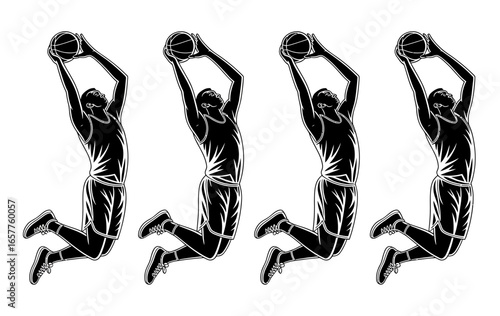 Basketball player dunking sequence in silhouette style
